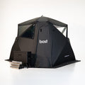 Black sauna tent with 'bast' branding on a white background