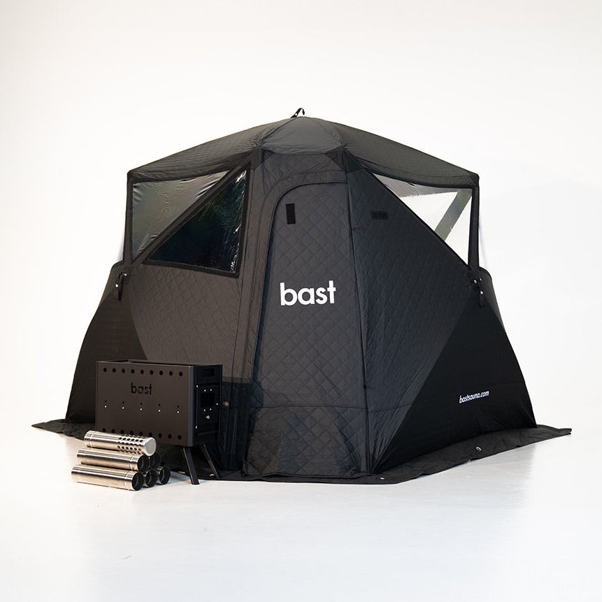 Black sauna tent with 'bast' branding on a white background
