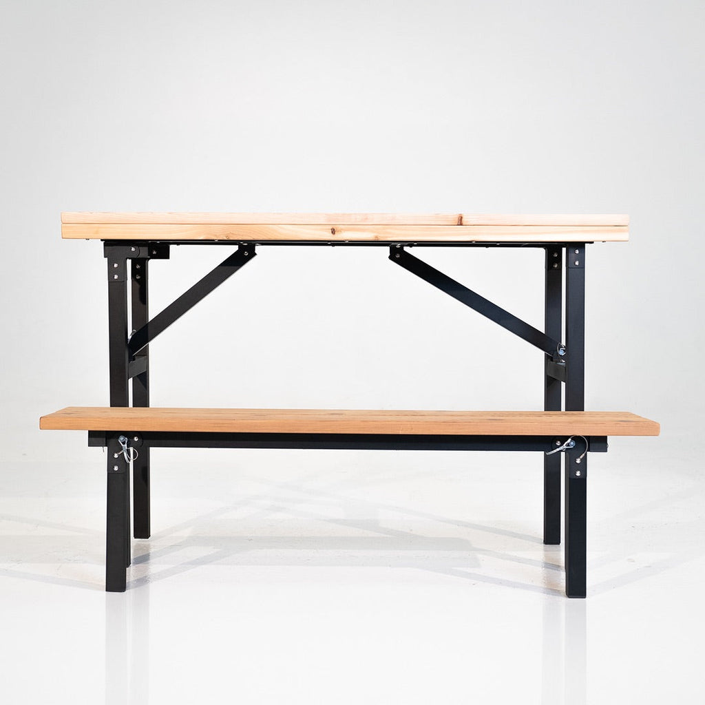 Wooden bench with black metal frame on a white background