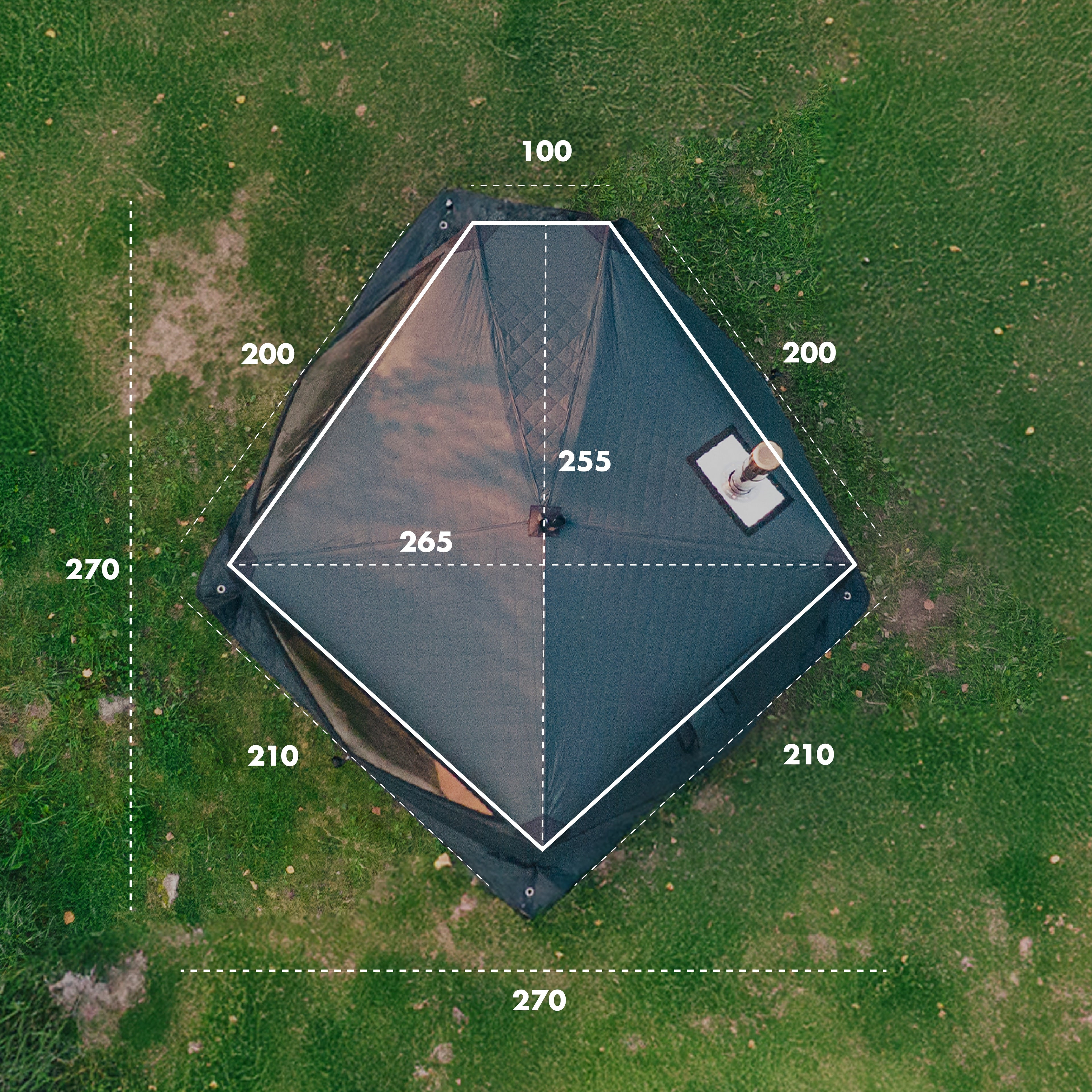 a plan view photograph with a graphic design overlayed with measurements