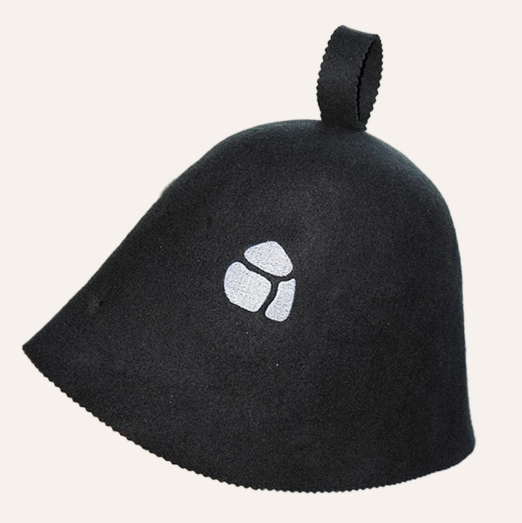 grey sauna hat with a logo on a white background