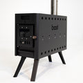Black wood stove with 'bast' branding on a white background