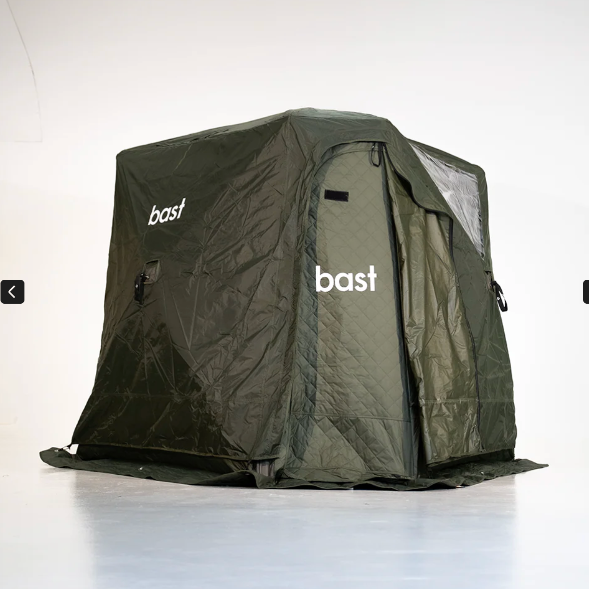 Dark green pop-up tent outdoor weather protective UV cover with 'bast' branding on a white background
